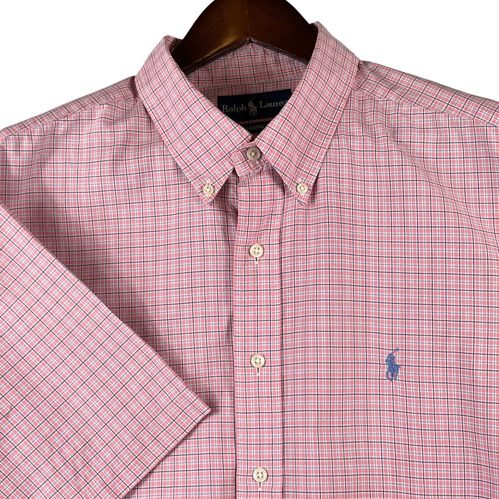VINTAGE Ralph Lauren Classic Fit Button Down Shirt XXL Pink Blue Plaid Hong Kong
